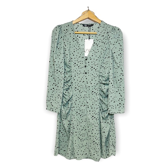 Zara Sage Green & Black Polka Dot Long sleeve Ruched V Neck Mini Dress S… - Picture 3 of 11